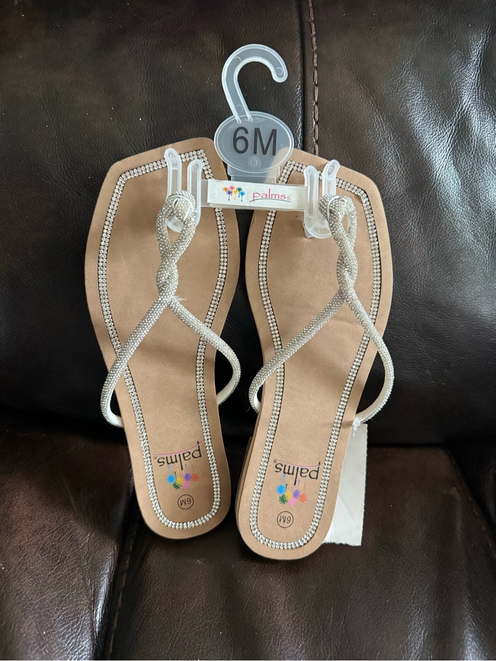 Palms Women's Tan Sandals with Silver Sparkle Straps - Size 6M
